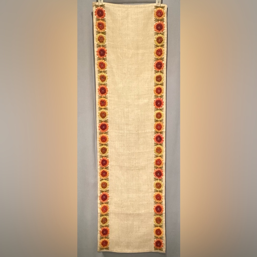 Vintage Kilim Floral Embroidered Table Runner - Cream, Red, Orange, Yellow